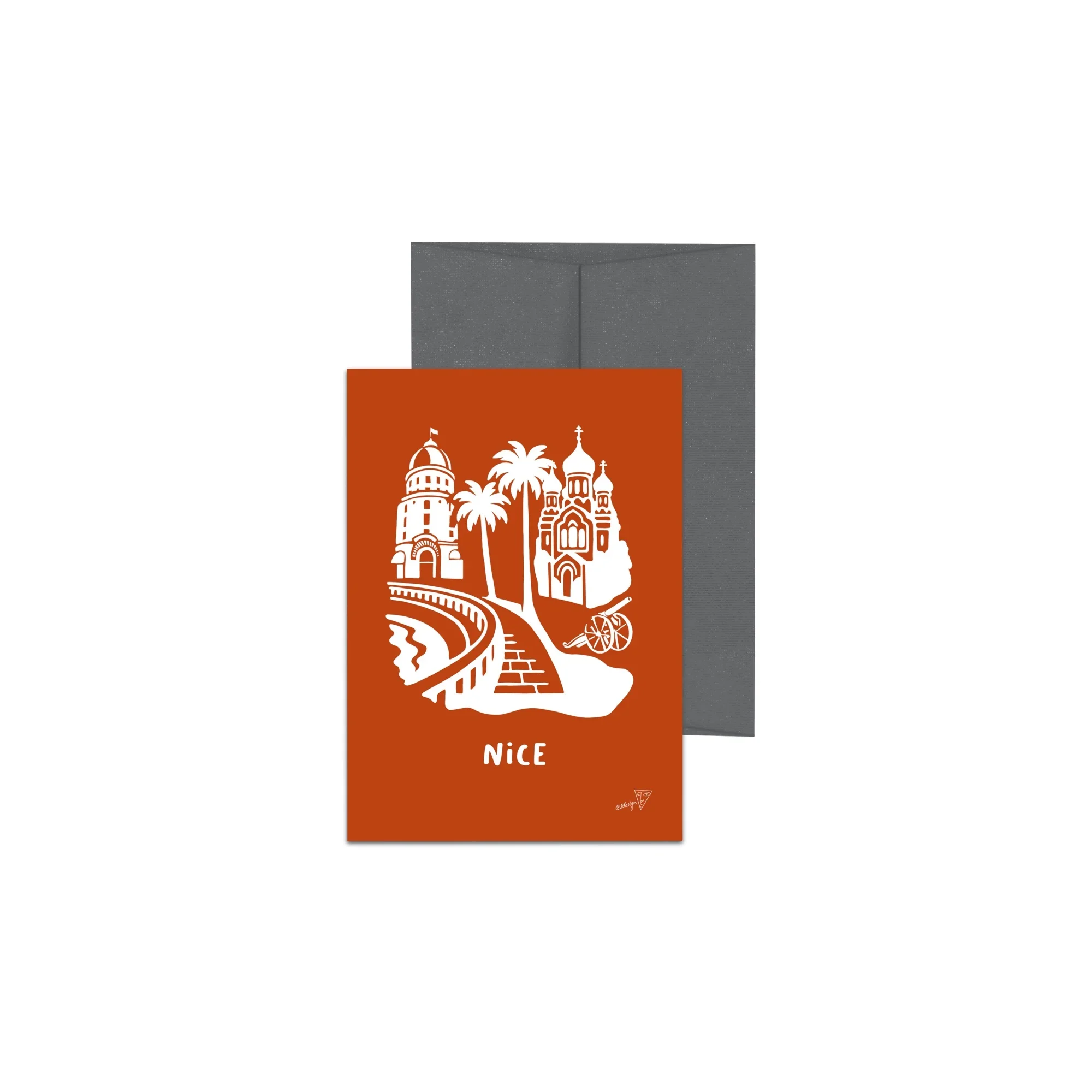 Carte postale de la ville de Nice, fond orange, avec enveloppe