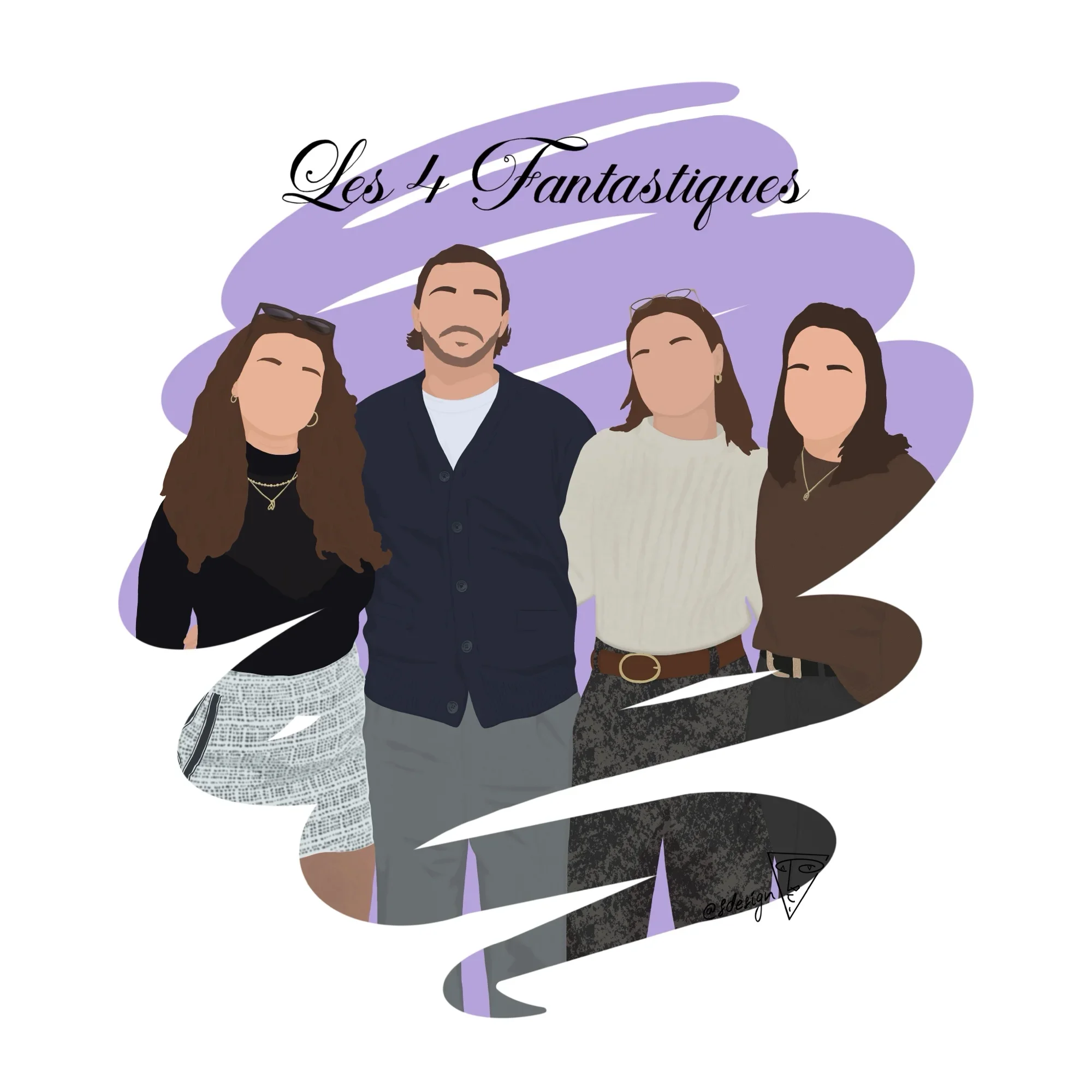 Illustration personnalisée d’une famille de quatre cousins, dessinée dans un style minimaliste (sans détails de visage) avec un effet coup de pinceau et un fond couleur lavande, avec écriture.