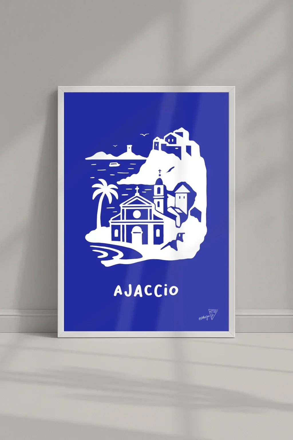 Affiche ville Ajaccio dans un cadre, illustration graphique bleu et blanche de la Corse