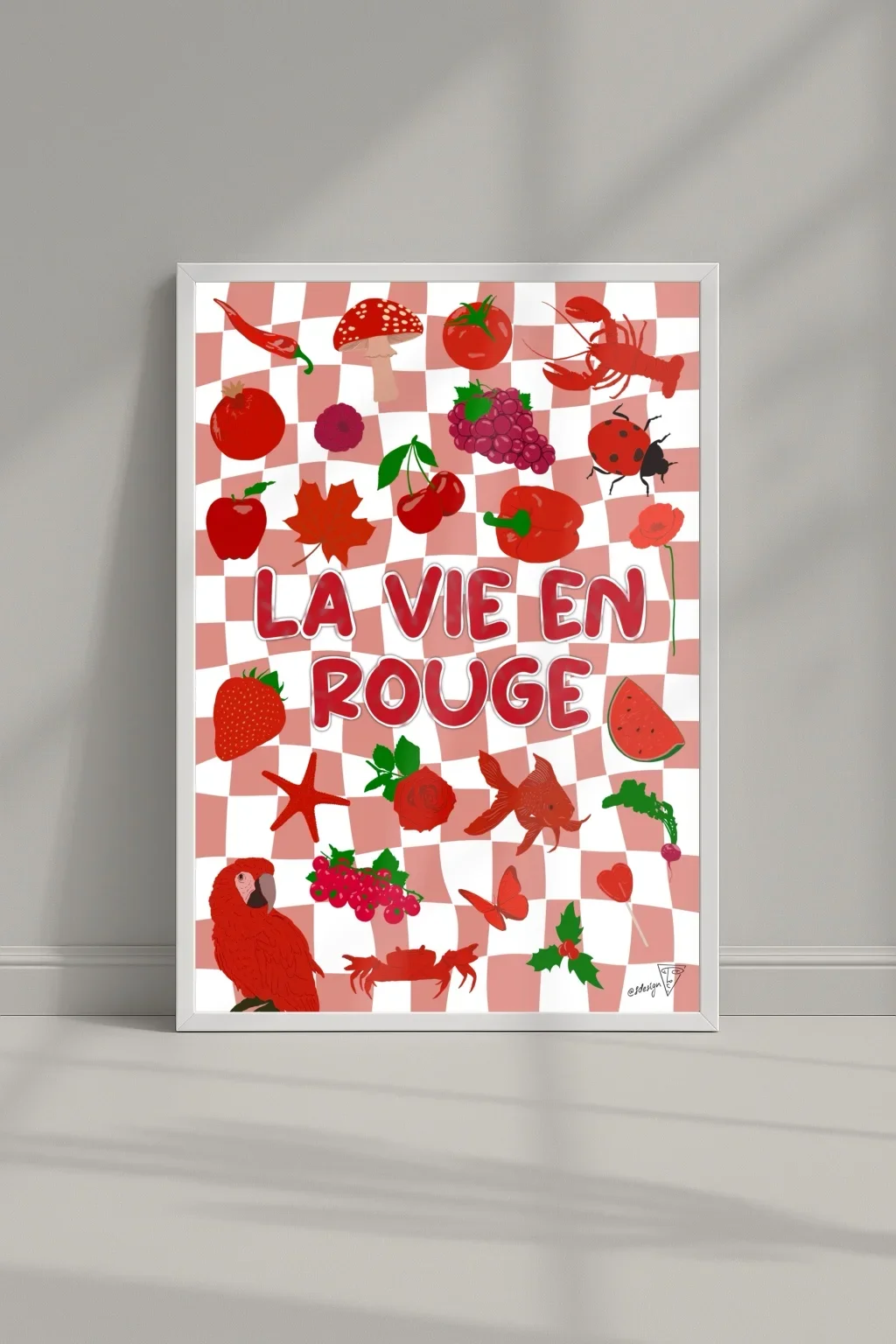 Affiche "La vie en rouge" dans un cadre, symboles rouges, illustration graphique