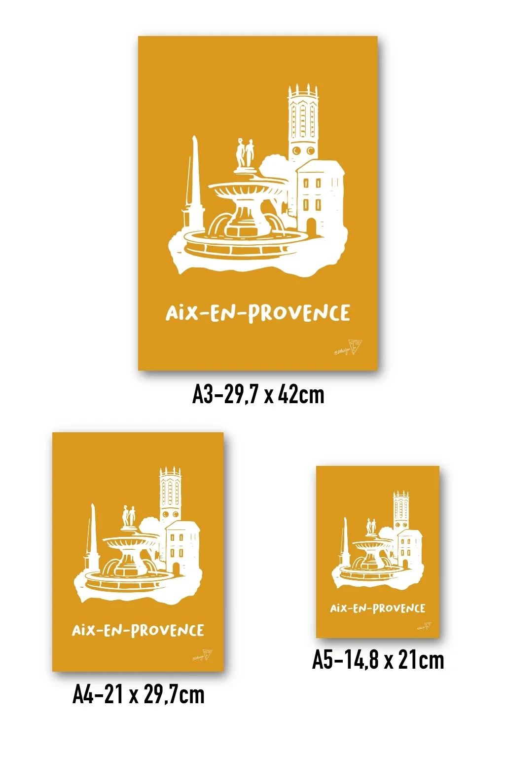 Affiche Aix-en-Provence disponible en trois formats - A3, A4, A5 - illustration graphique orange et blanche de la ville d'Aix