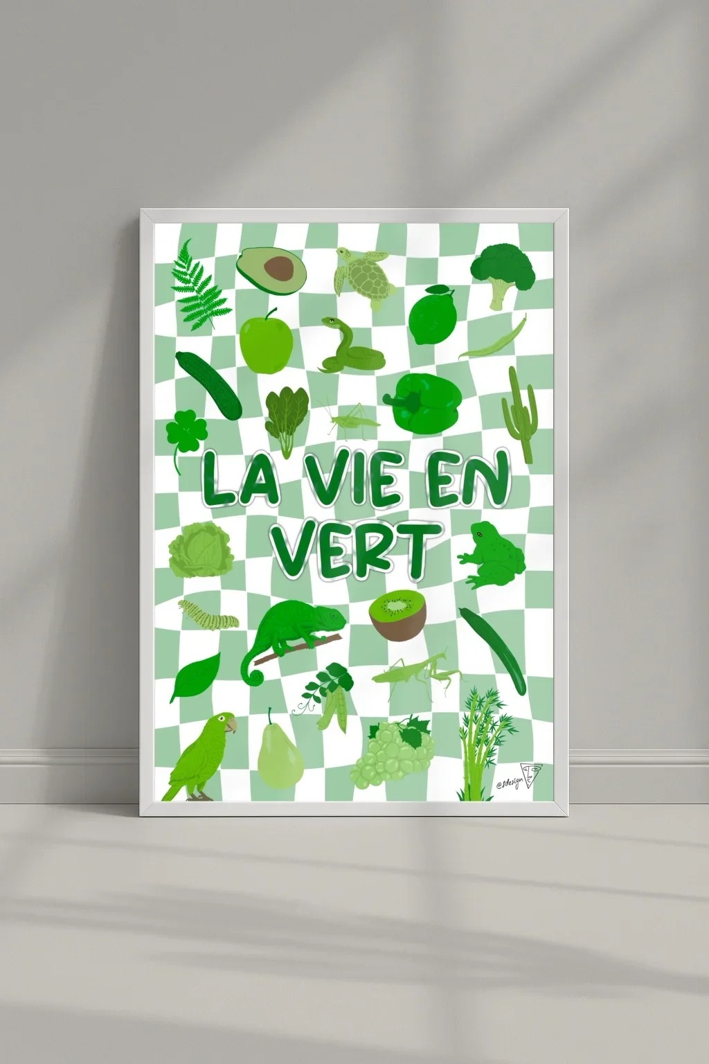 Affiche "La vie en vert" dans un cadre, symboles verts, illustration graphique