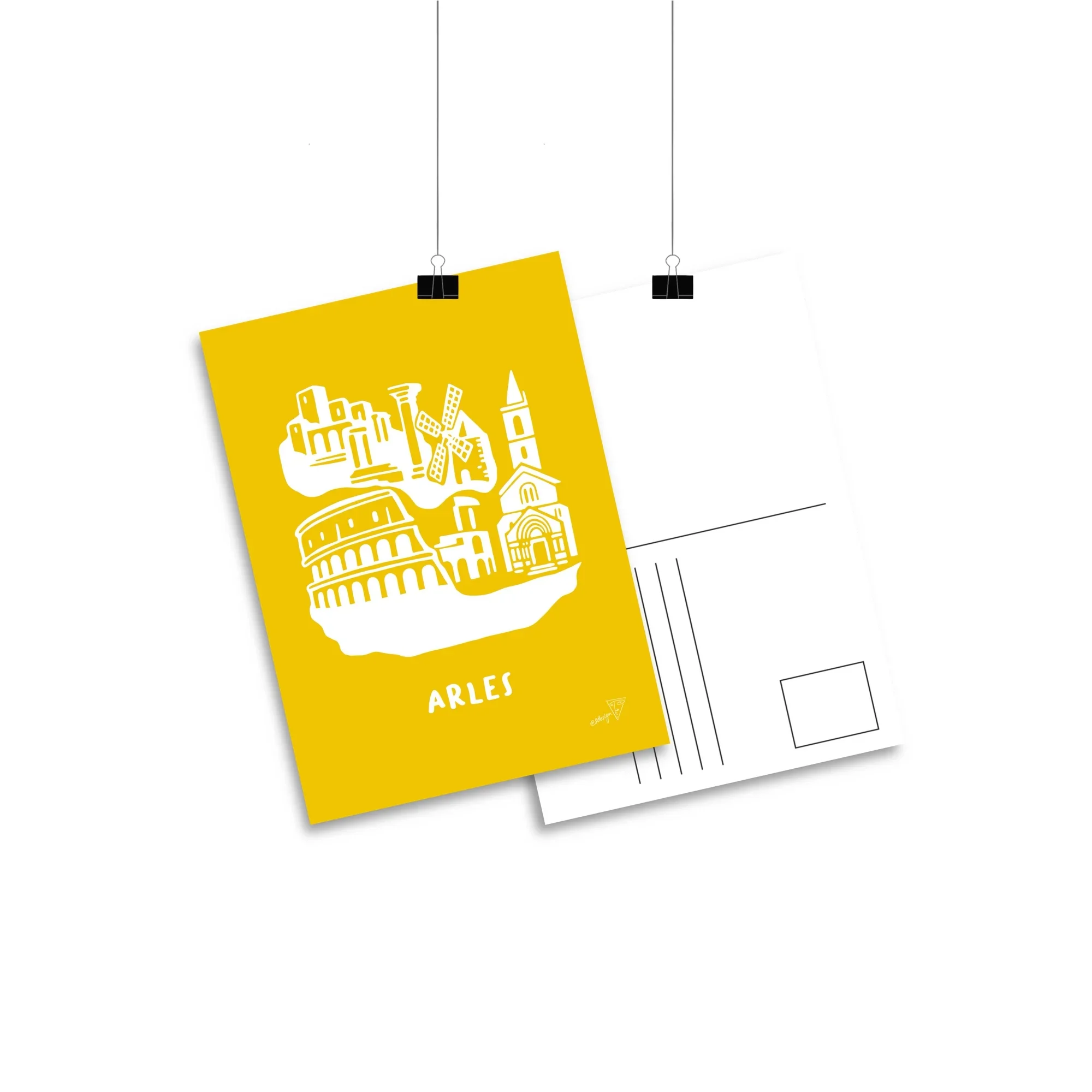 Carte postale de la ville de Arles, fond jaune, imprimé recto-verso sur papier 350g