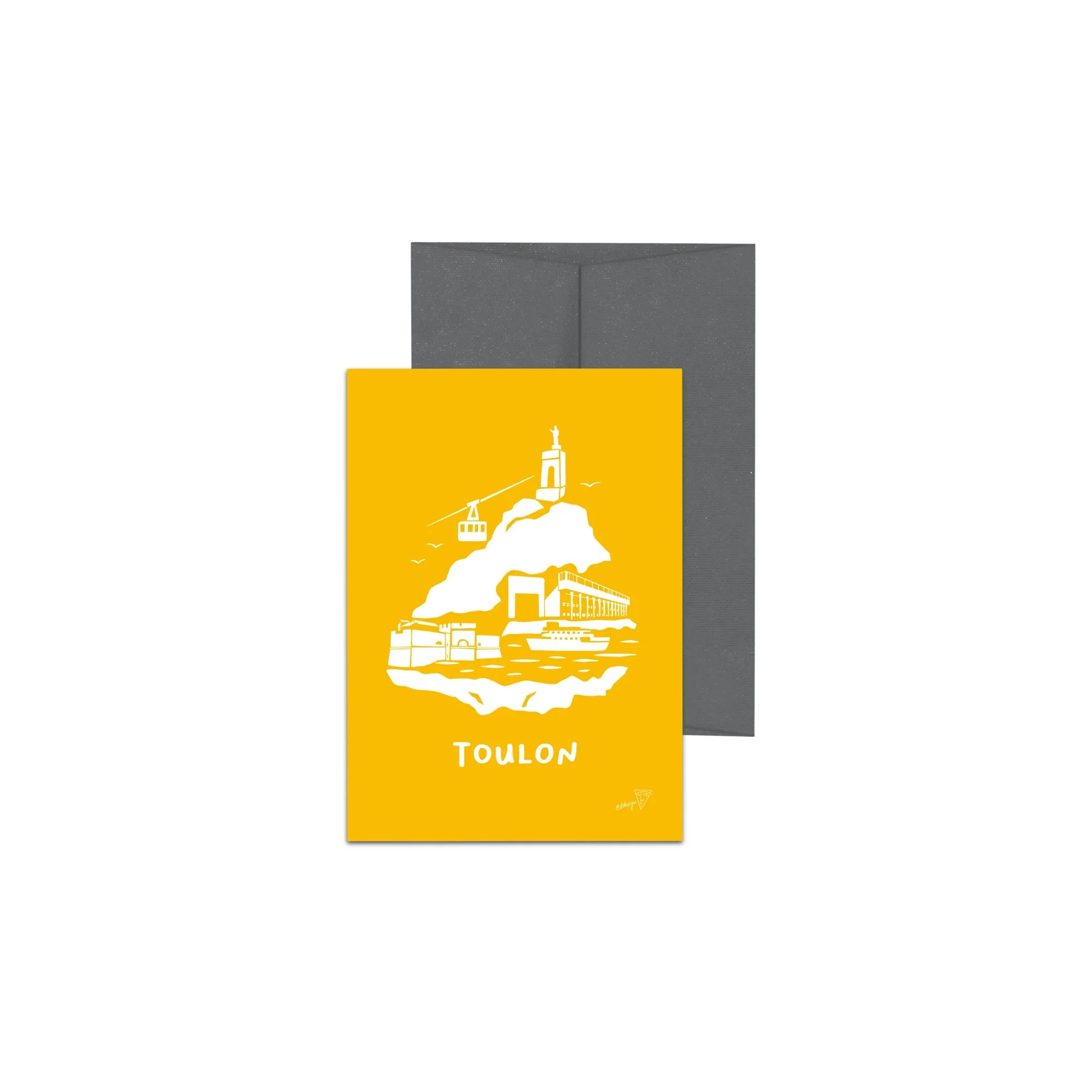 Carte postale de la ville de Toulon, fond jaune, avec enveloppe