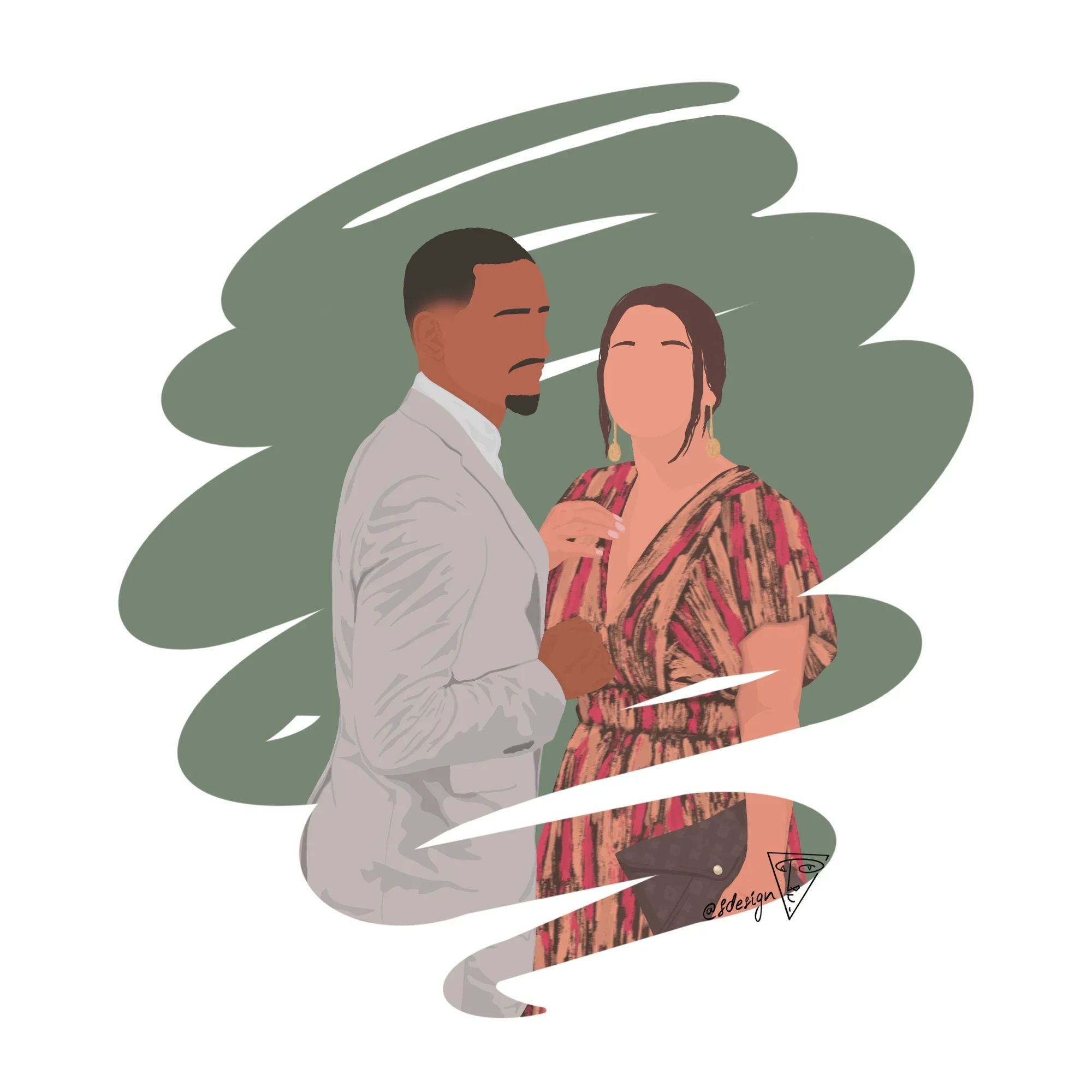Illustration personnalisée d’un couple élégamment habillé, dessiné dans un style minimaliste (sans détails de visage) avec un effet coup de pinceau et un fond couleur vert kaki.