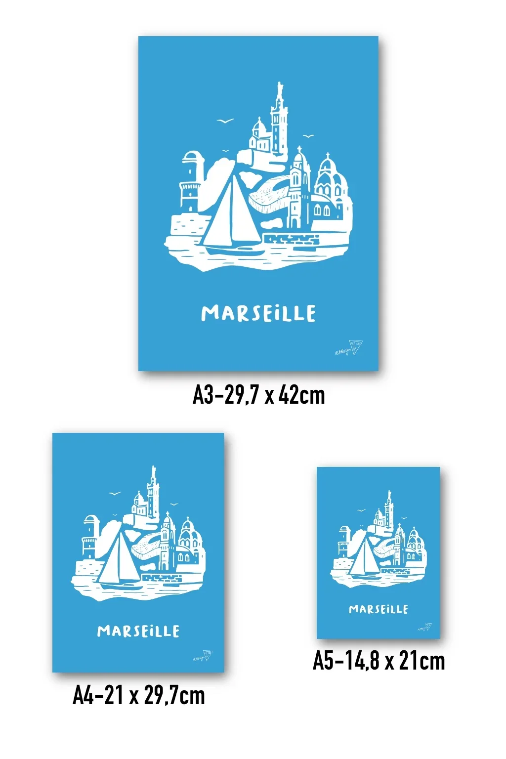 Affiche Marseille disponible en trois formats - A3, A4, A5 - illustration graphique bleu et blanche de l'Olympique de Marseille