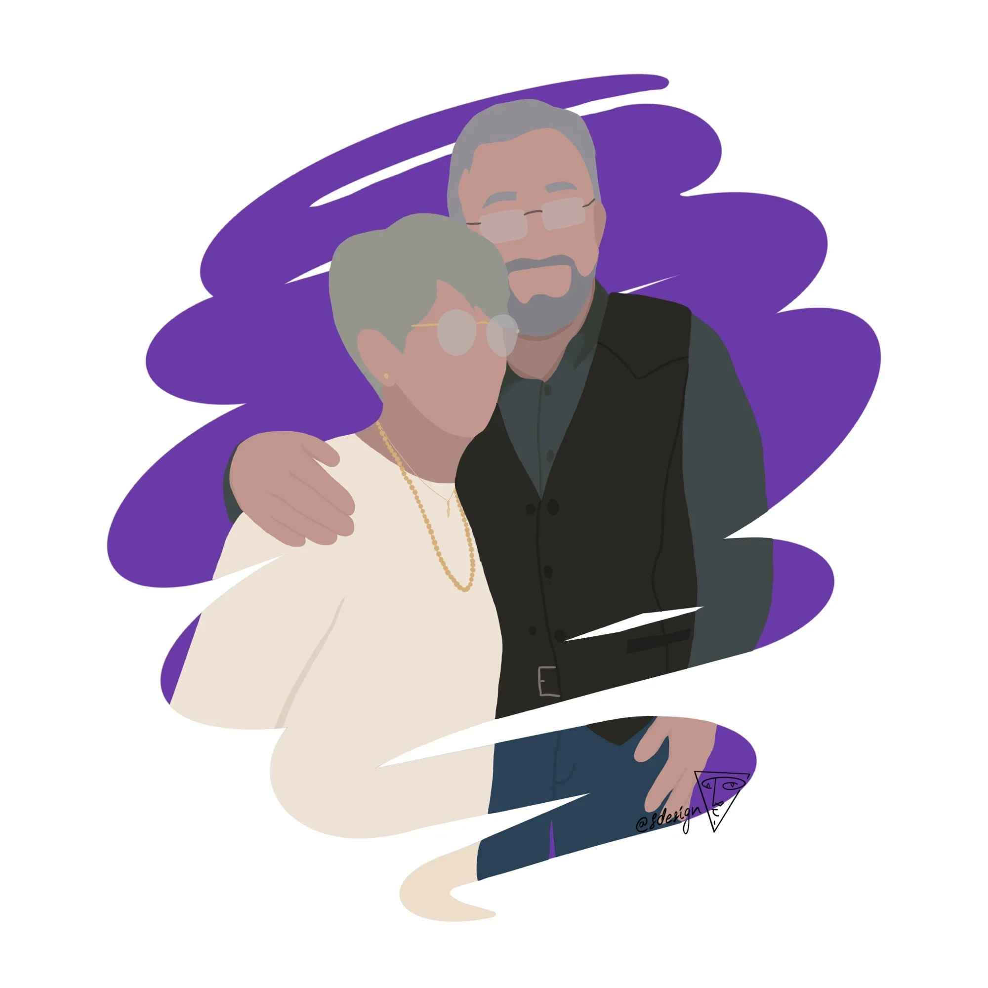 Illustration personnalisée d’un couple de grands-parents élégamment habillé, dessiné dans un style minimaliste (sans détails de visage) avec un effet coup de pinceau et un fond couleur violet.
