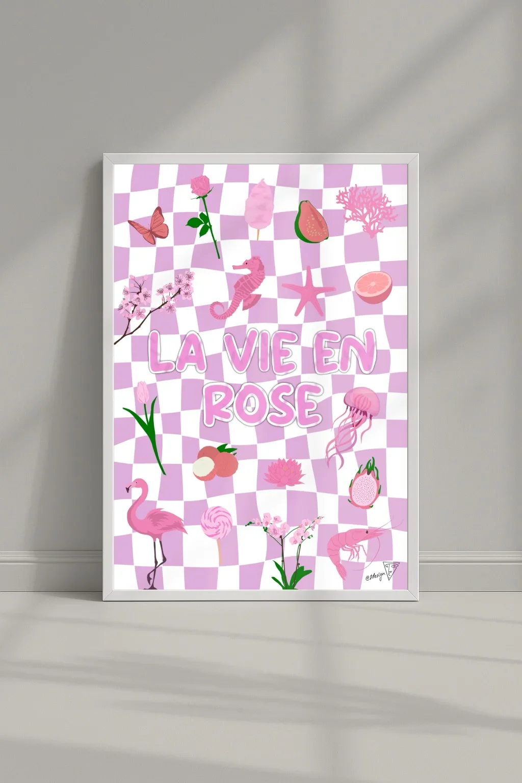 Affiche "La vie en rose" dans un cadre, symboles roses, illustration graphique