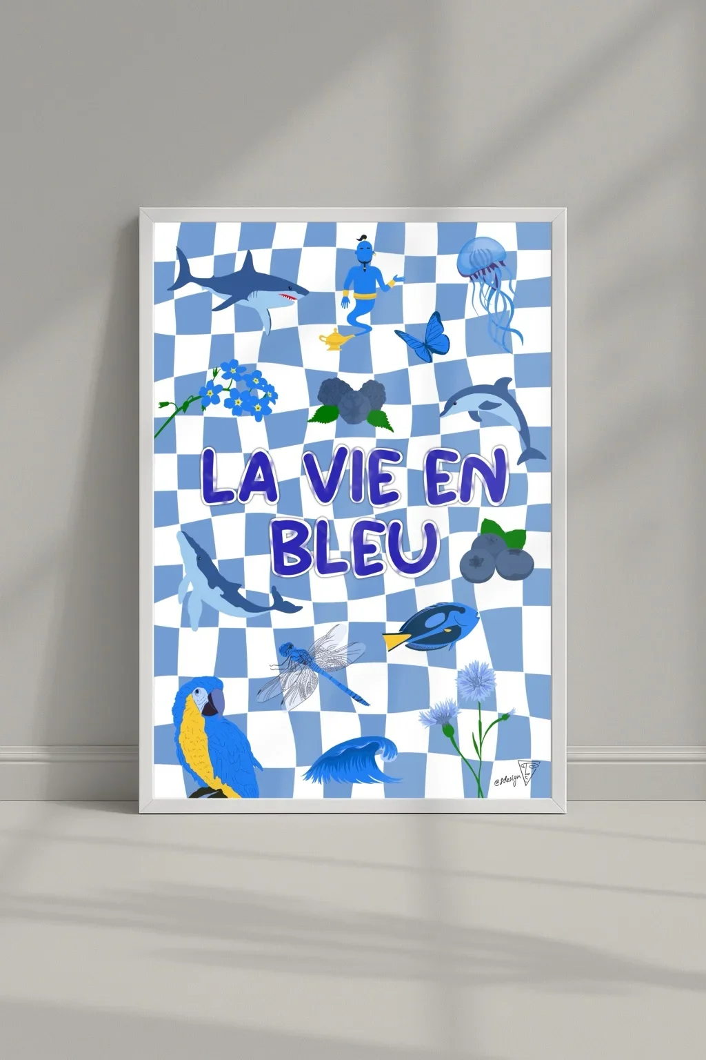 Affiche "La vie en bleu" dans un cadre, symboles bleus, illustration graphique