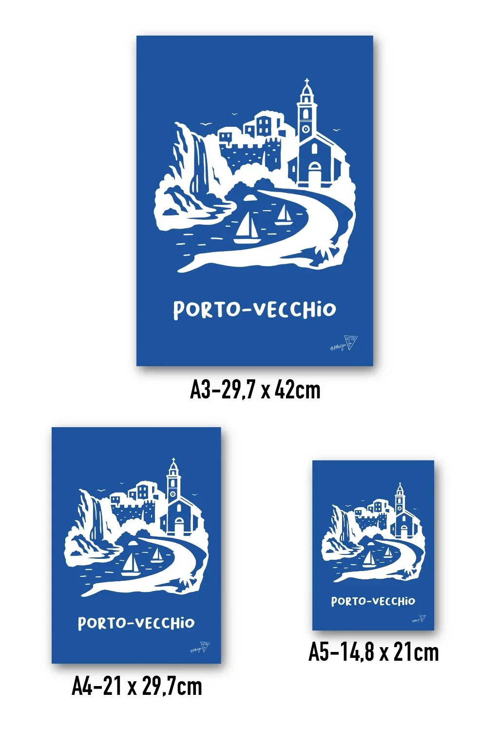 Affiche Porto-Vecchio disponible en trois formats - A3, A4, A5 - illustration graphique bleu et blanche de la ville Corse
