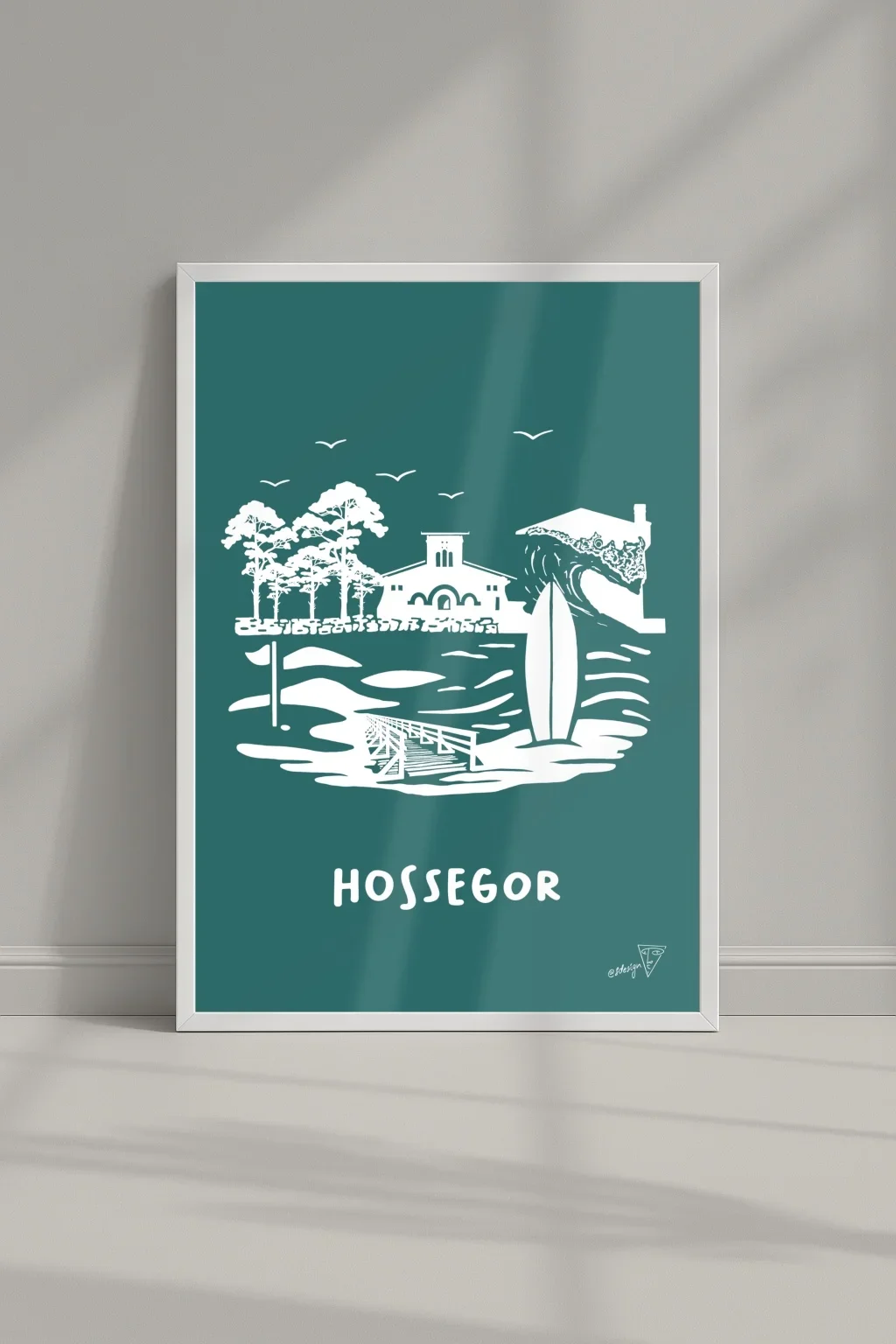 Affiche ville Hossegor dans un cadre, illustration graphique verte et blanche des Landes