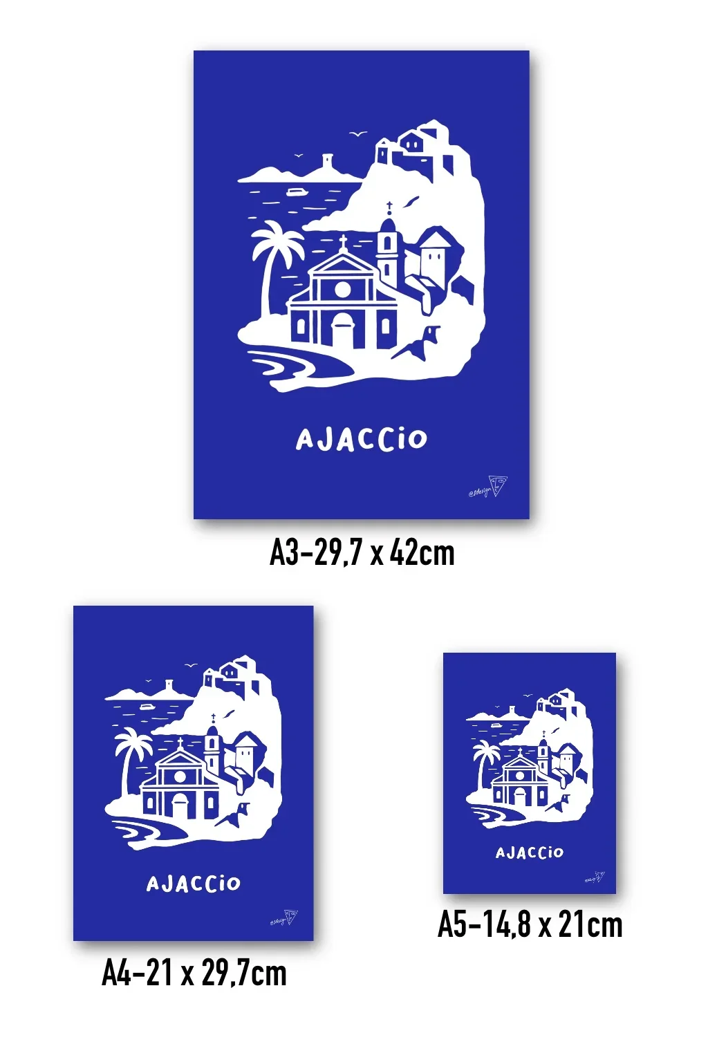 Affiche Ajaccio disponible en trois formats - A3, A4, A5 - illustration graphique bleu et blanche de la ville Corse