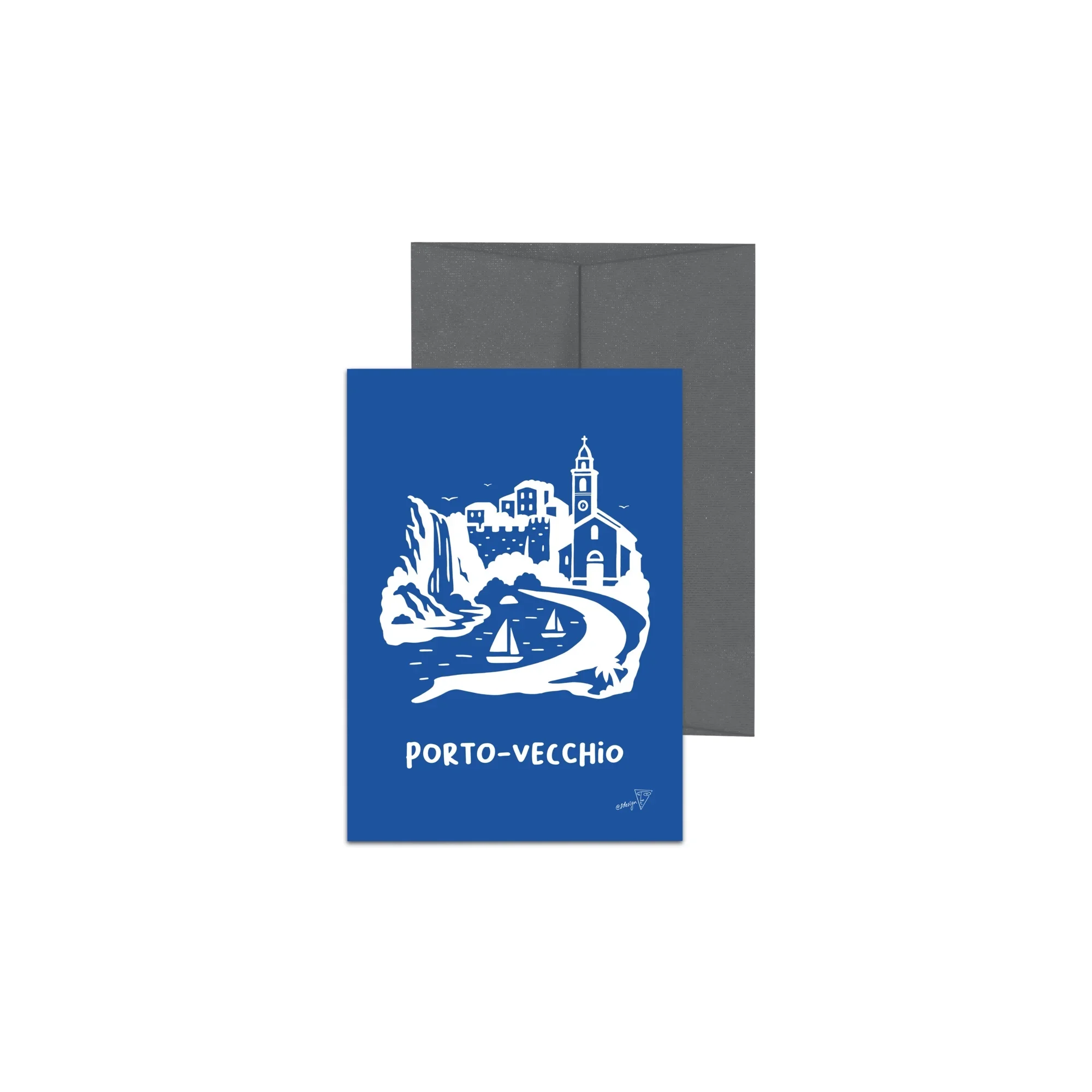 Carte postale de la ville de Porto-Vecchio, fond bleu, avec enveloppe