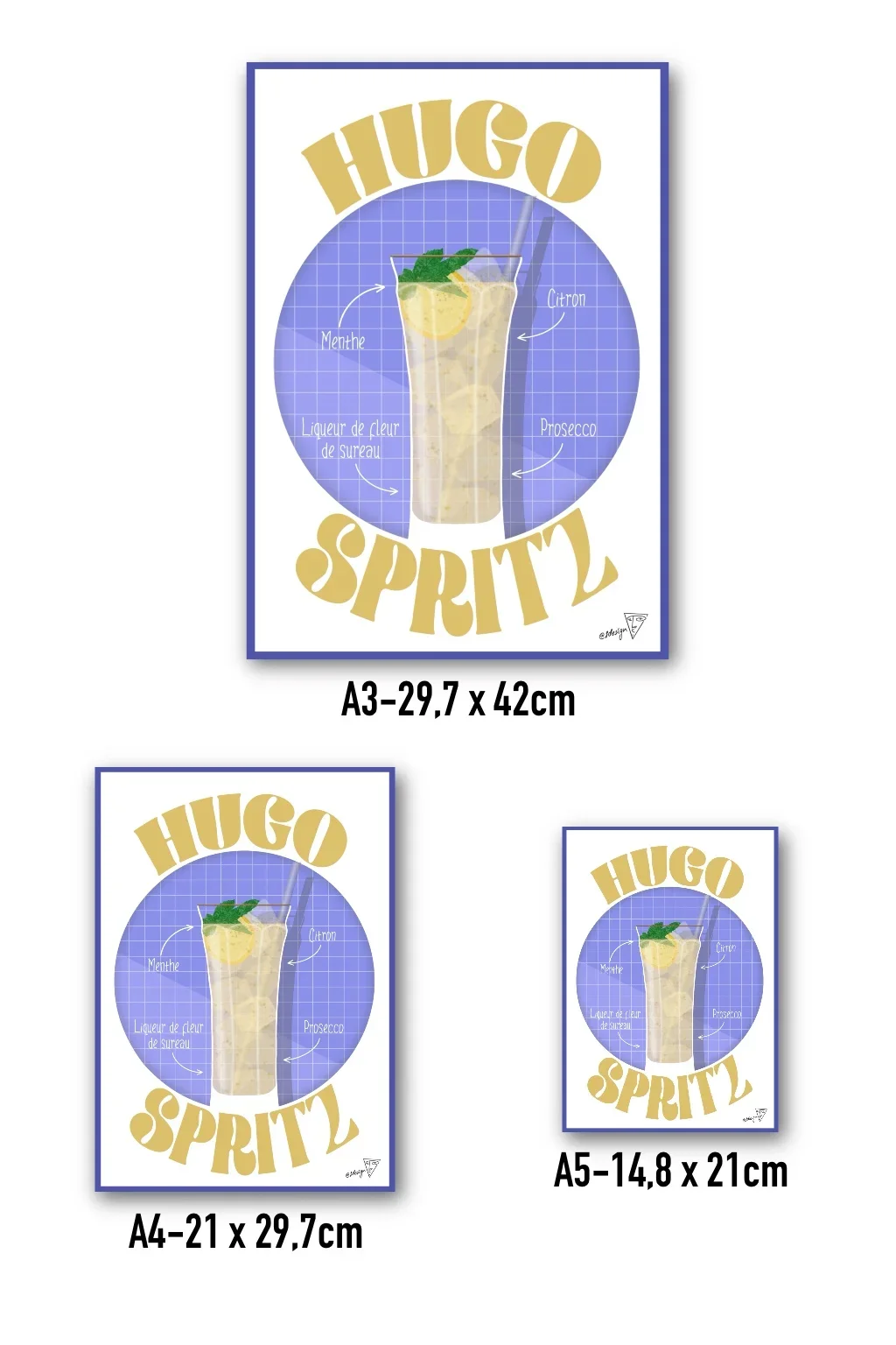 Affiche cocktail Hugo Spritz disponible en formats A3, A4, A5 - création SDesiGn