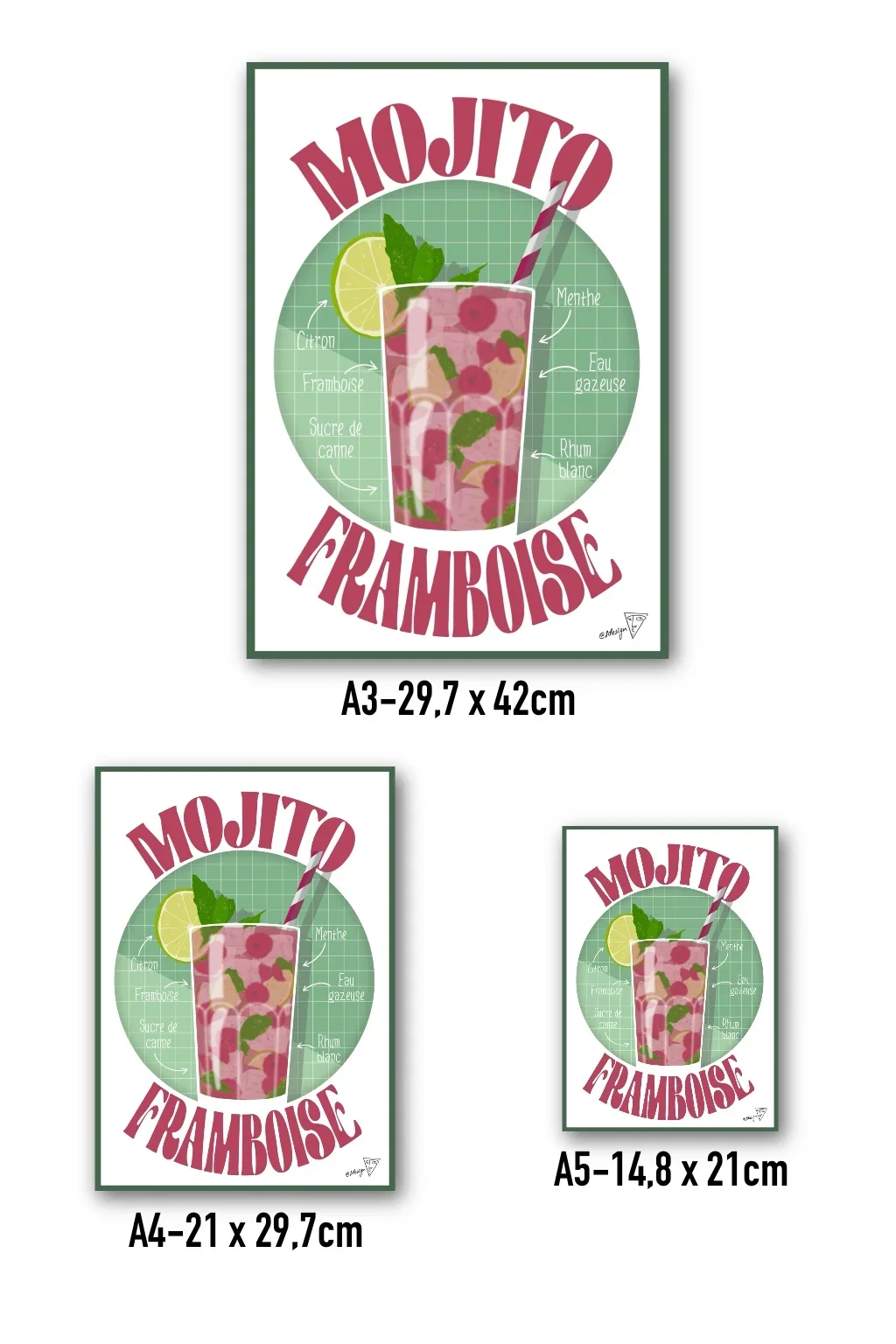 Affiche cocktail Mojito Framboise disponible en formats A3, A4, A5 - création SDesiGn