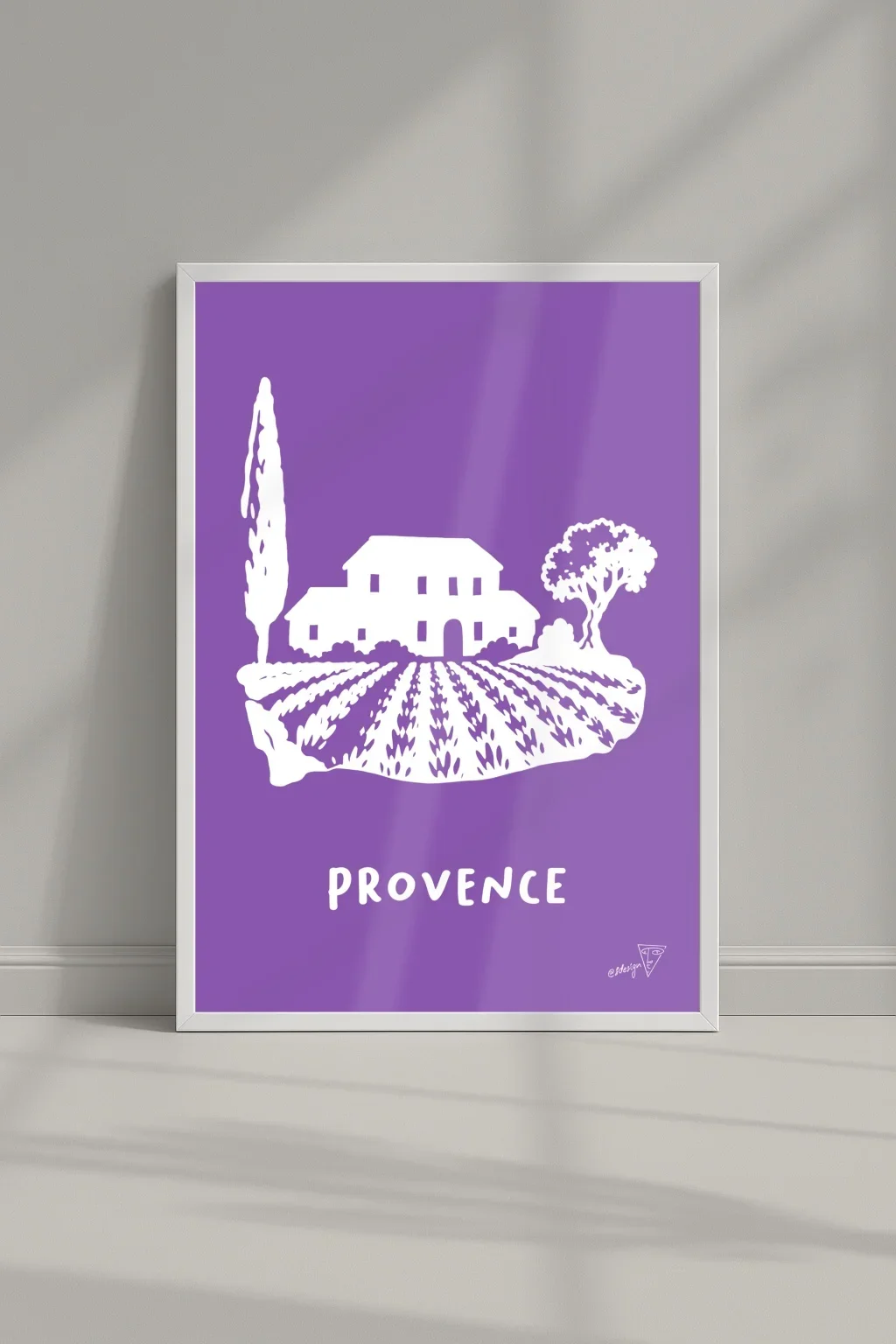 Affiche ville Provence dans un cadre, illustration graphique lavande et blanche du Sud-Est
