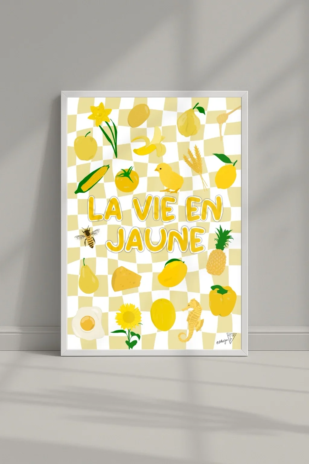 Affiche "La vie en jaune" dans un cadre, symboles jaunes, illustration graphique