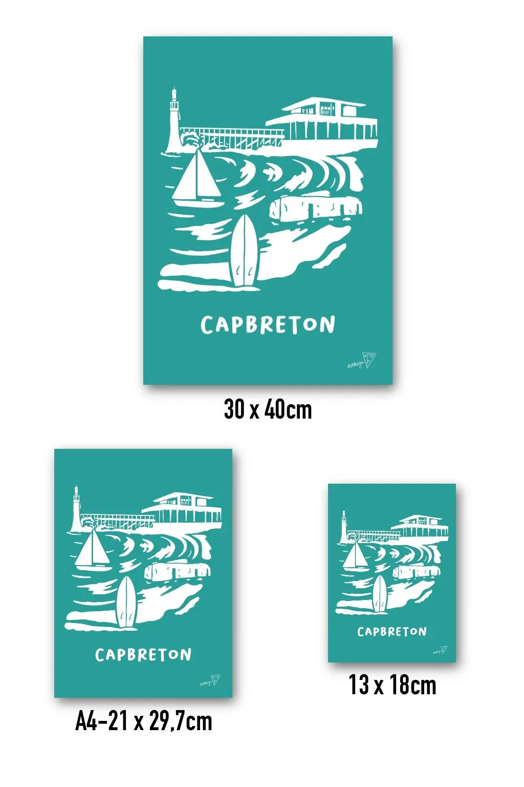 Affiche Capbreton disponible en trois formats - 30x40, A4, 13x18 - illustration graphique verte et blanche de la côte landaise