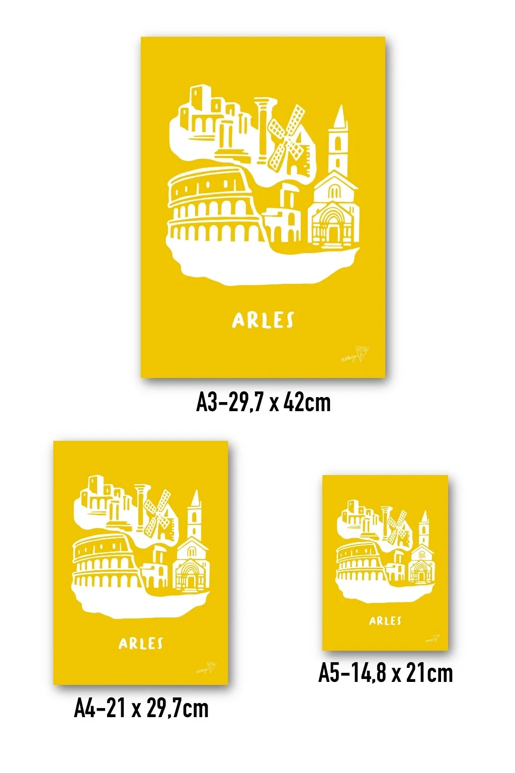 Affiche Arles disponible en trois formats - A3, A4, A5 - illustration graphique jaune et blanche de la région Paca