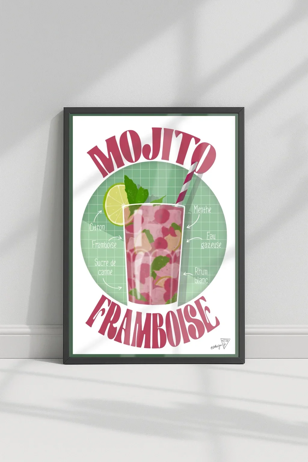Affiche cocktail Mojito Framboise dans un cadre, décoration murale