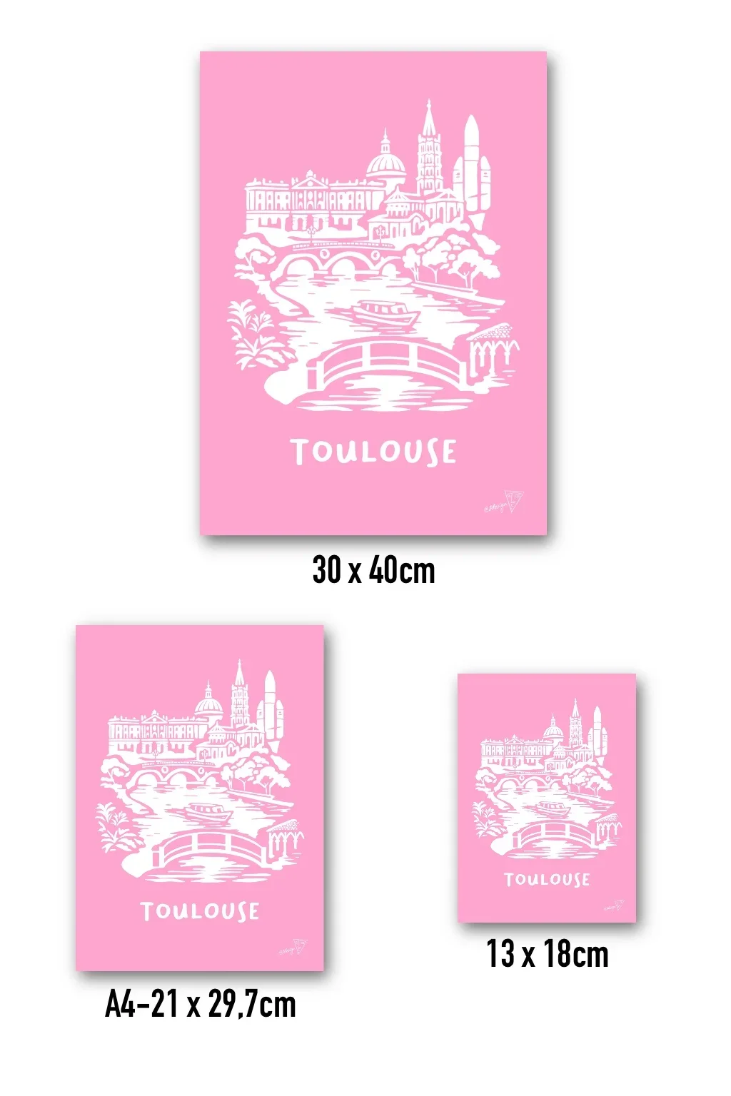 Affiche Toulouse disponible en trois formats - 30x40, A4, 13x18 - illustration graphique rose et blanche de la ville rose