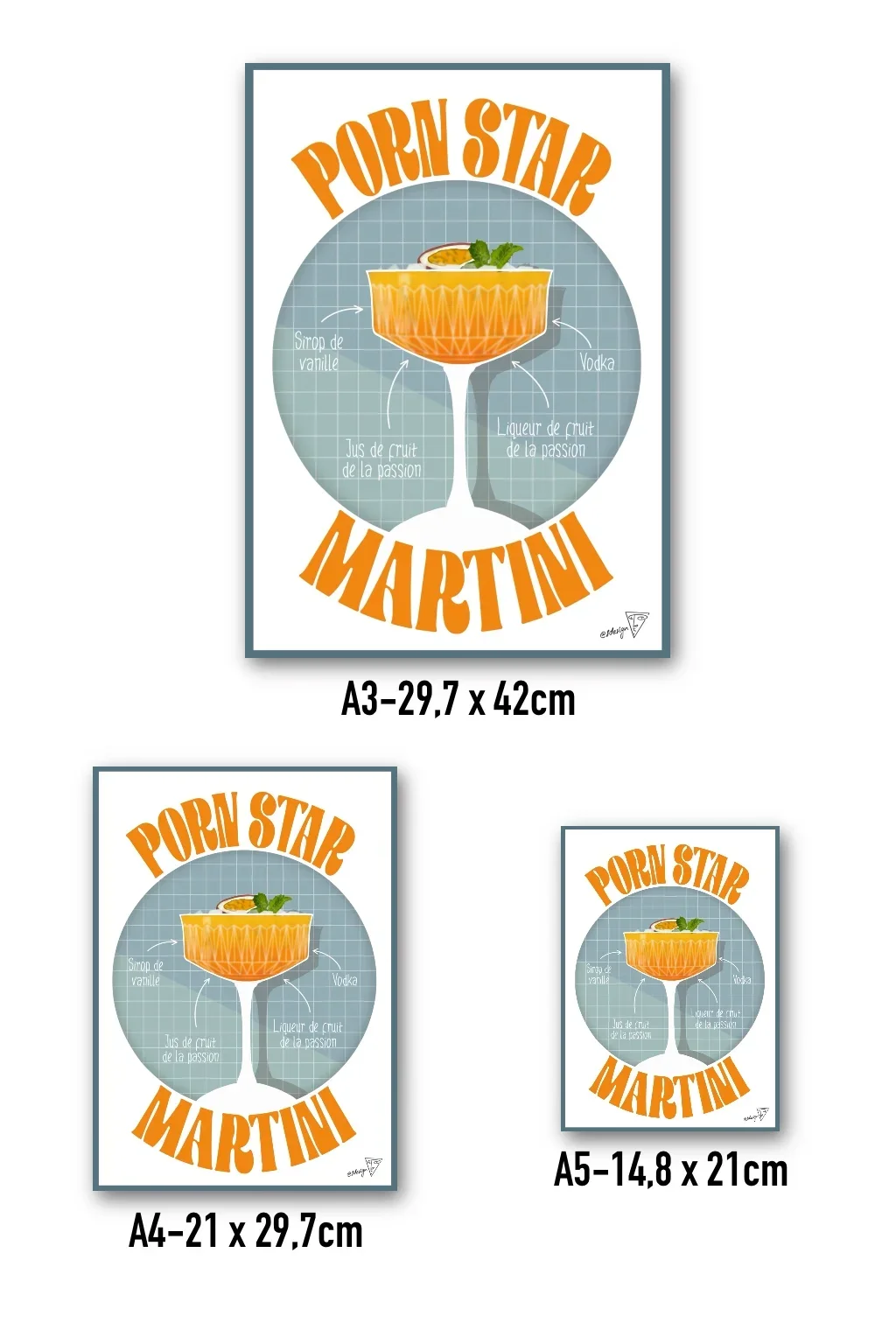 Affiche cocktail Porn Star Martini disponible en formats A3, A4, A5 - création SDesiGn