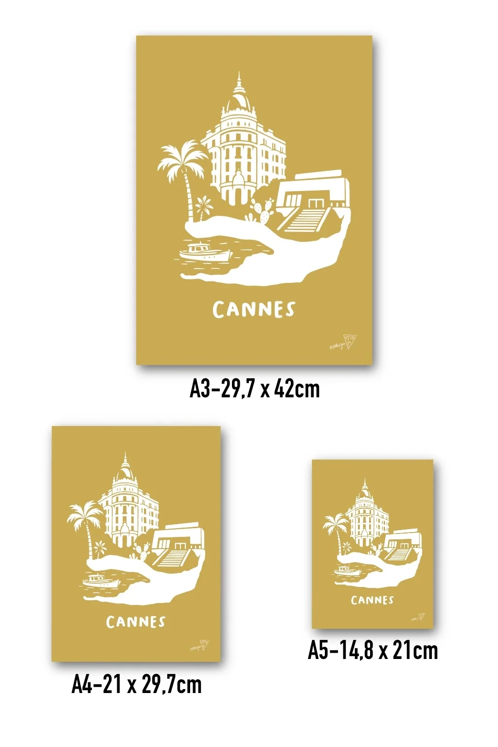Affiche Cannes disponible en trois formats - A3, A4, A5 - illustration graphique doré et blanche du festival