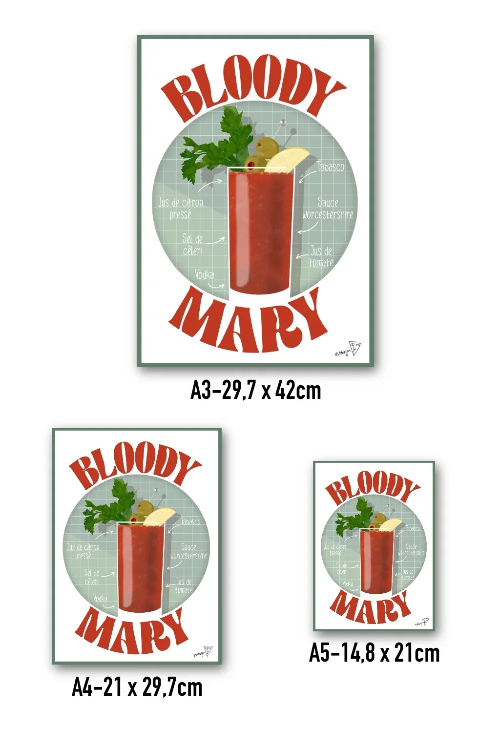 Affiche cocktail Bloody Mary disponible en formats A3, A4, A5 - création SDesiGn