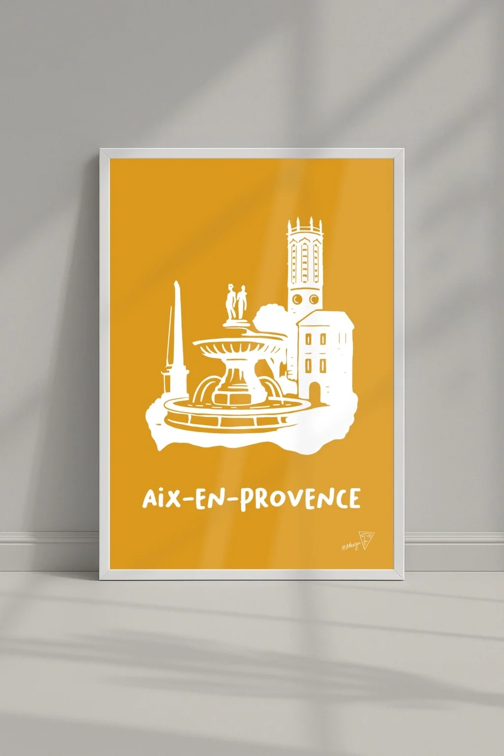 Affiche ville Aix-en-Provence dans un cadre, illustration graphique orange et blanche du Sud-Est