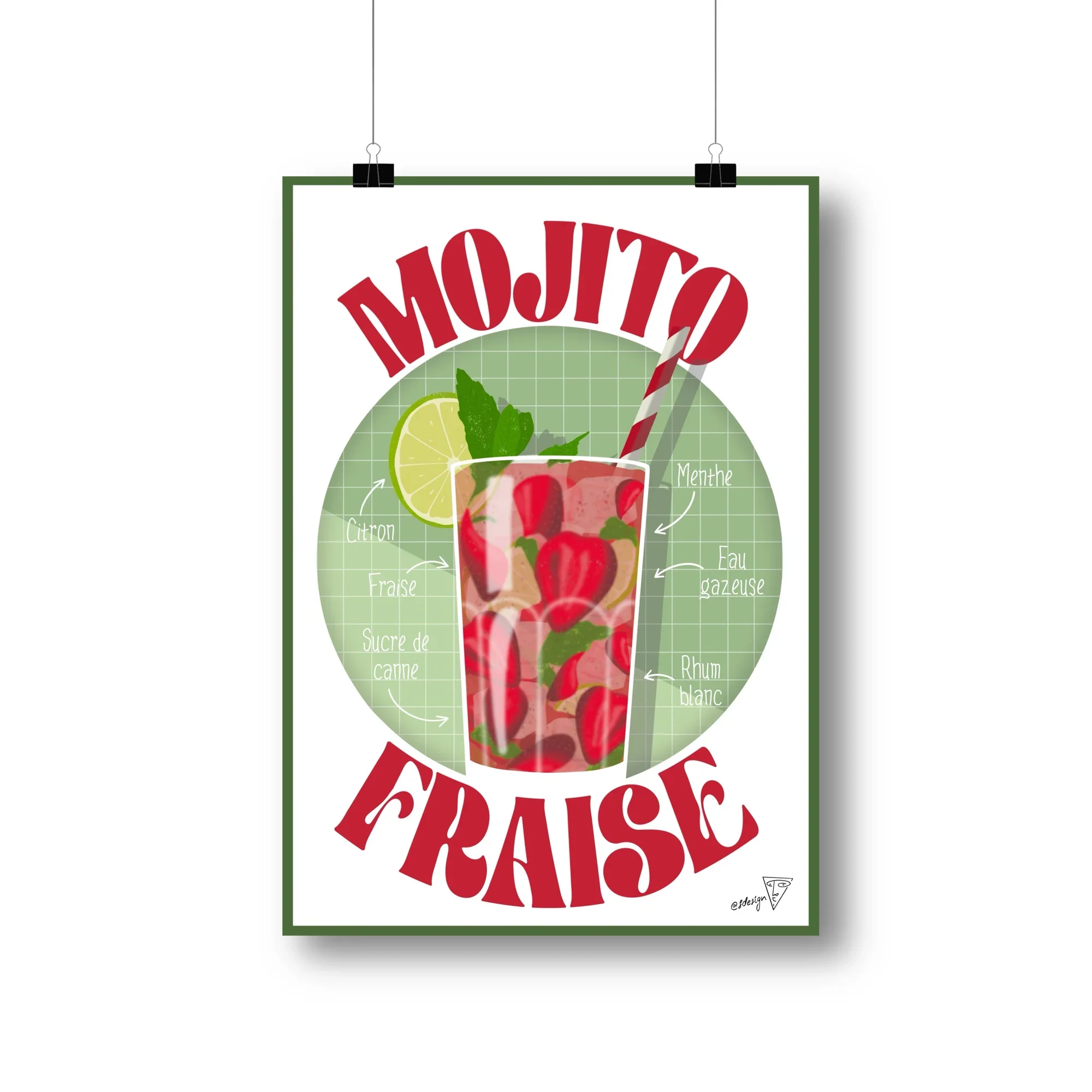 Affiche cocktail Mojito Fraise, illustration graphique rouge et blanche