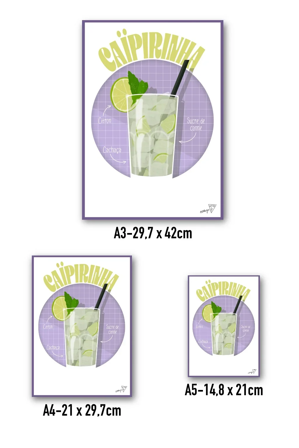 Affiche cocktail Caïpirinha disponible en formats A3, A4, A5 - création SDesiGn