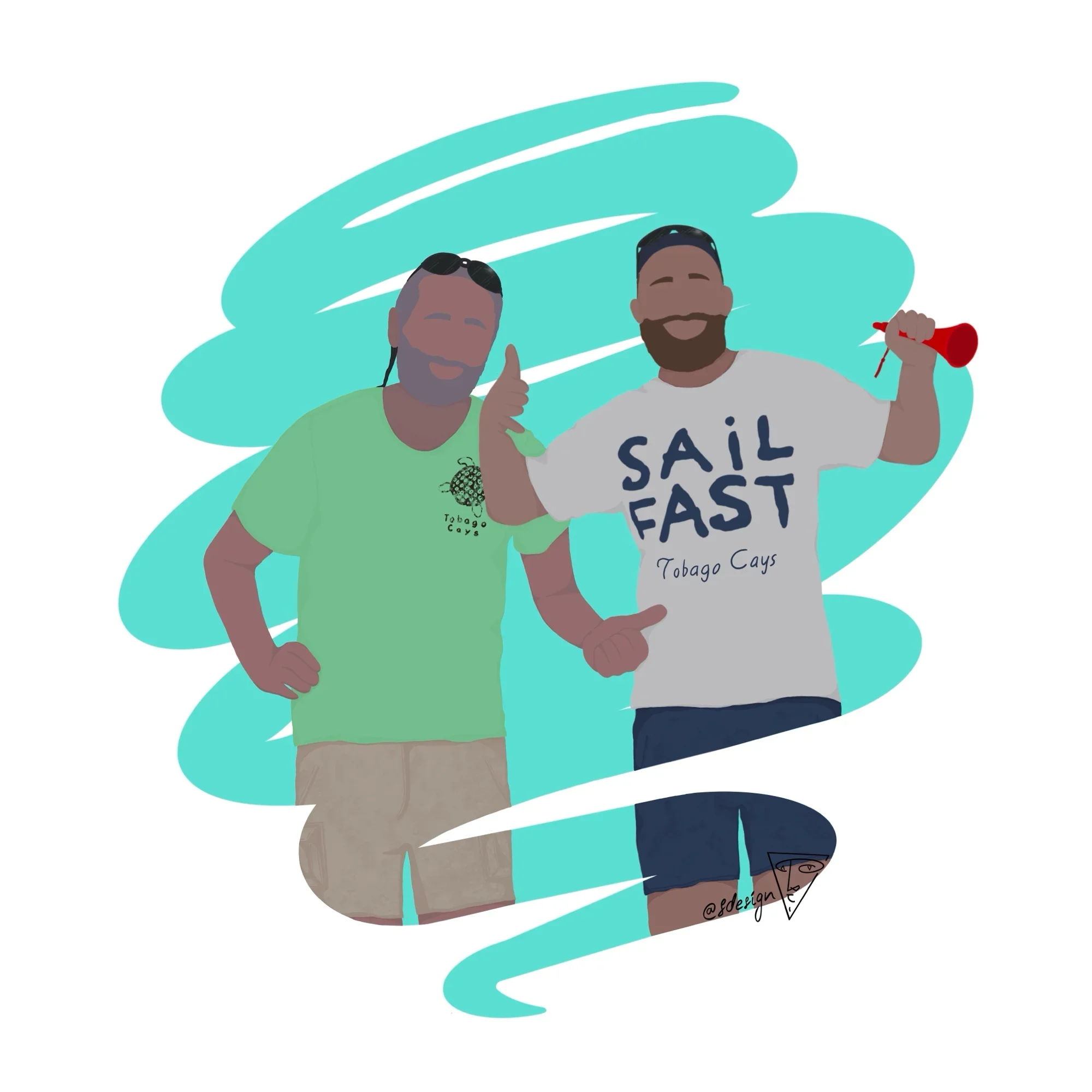 Illustration personnalisée de deux amis (deux hommes), dessiné dans un style minimaliste (sans détails de visage) avec un effet coup de pinceau et un fond couleur bleu turquoise.