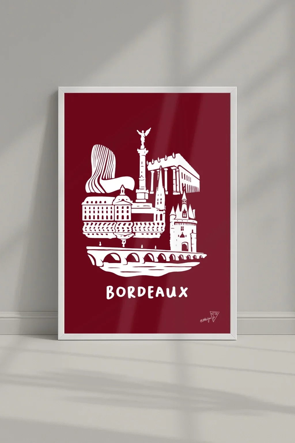 Affiche ville Bordeaux dans un cadre, illustration graphique bordeaux et blanche de la ville du vin
