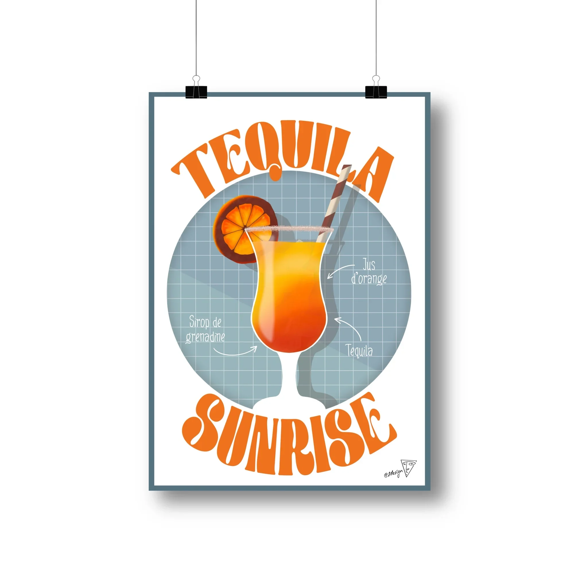 Affiche cocktail Tequila Sunrise, illustration graphique orange et blanche
