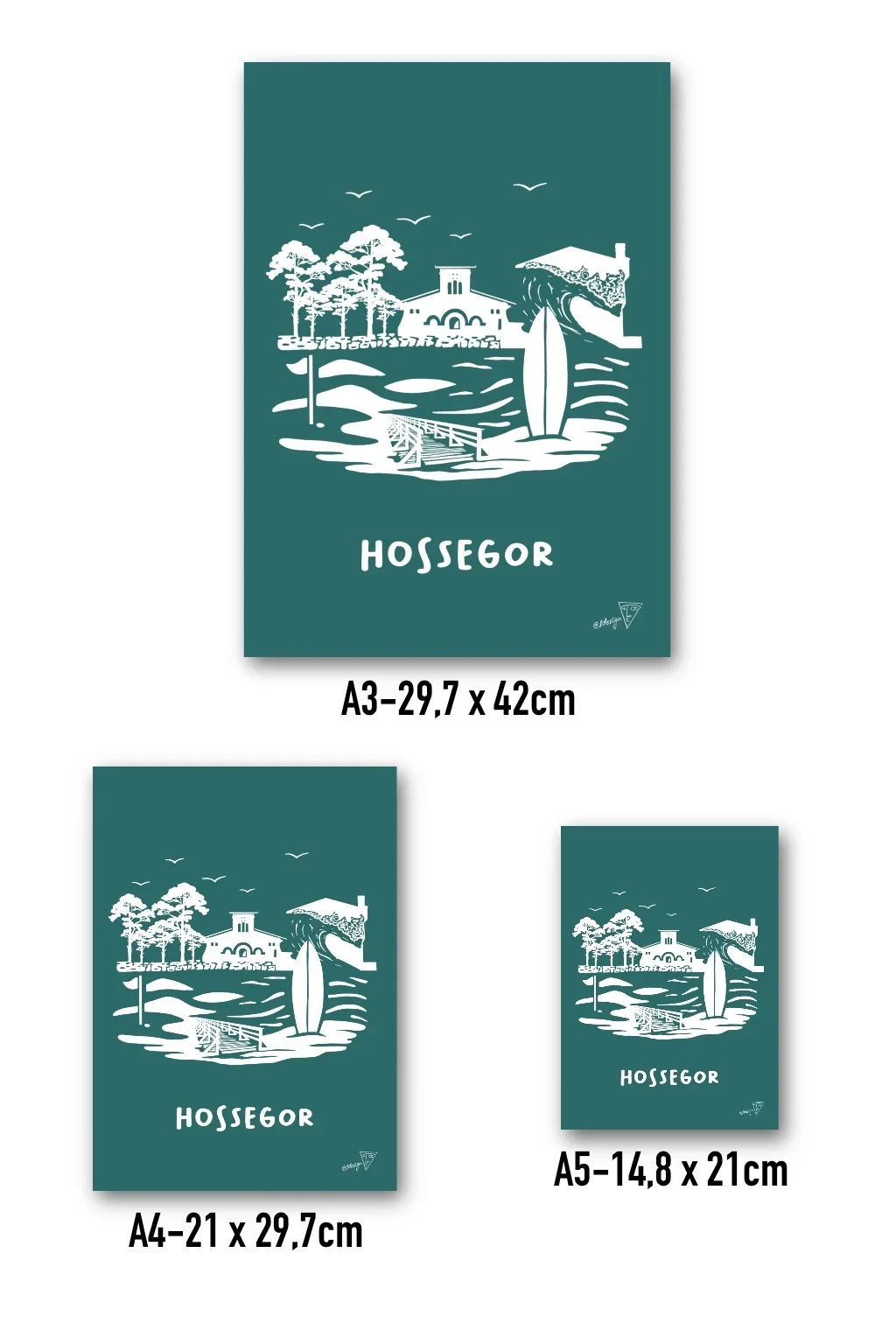 Affiche Hossegor disponible en trois formats - A3, A4, A5 - illustration graphique verte et blanche de la côte landaise