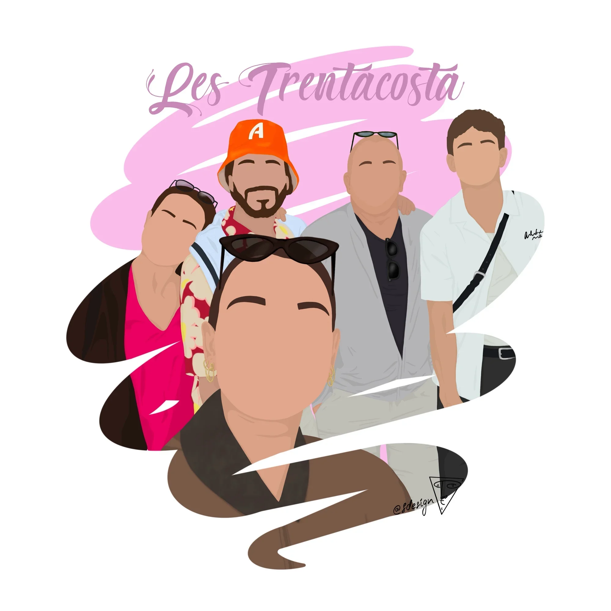 Illustration personnalisée d’une famille de cinq personnes, (un couple de parents et ses trois enfants), dessinée dans un style minimaliste (sans détails de visage) avec un effet coup de pinceau et un fond couleur rose, avec écriture.