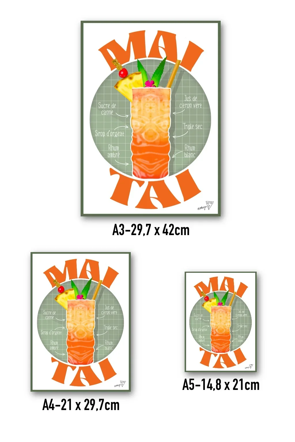 Affiche cocktail Maï Taï disponible en formats A3, A4, A5 - création SDesiGn