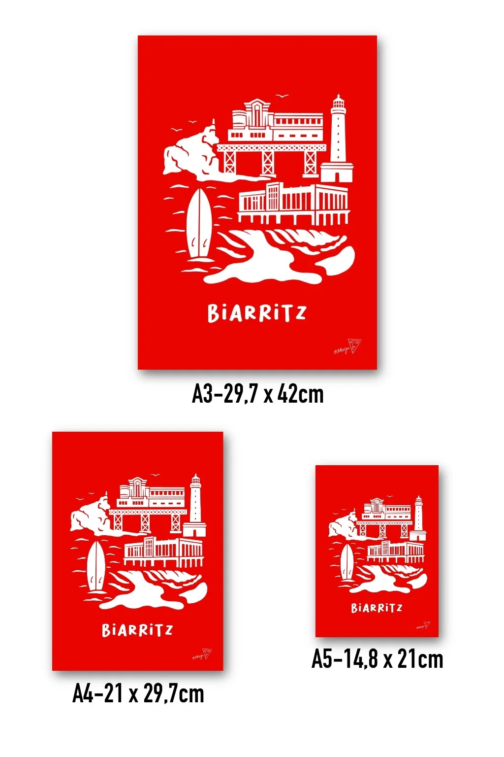 Affiche Biarritz disponible en trois formats - A3, A4, A5 - illustration graphique rouge et blanche de la ville basque