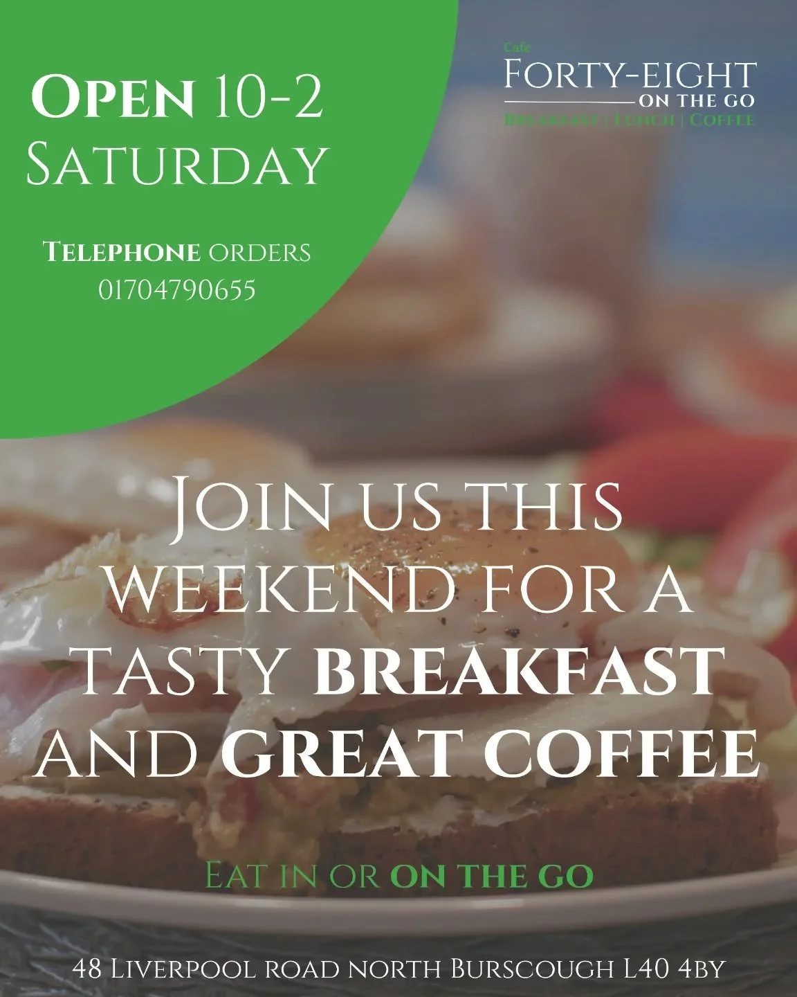 ✨ Saturday plans sorted 

We&rsquo;re open 10&ndash;2 this Saturday serving up your favourite breakfasts and great coffee ☕🥪
Pop in to eat in or grab on the go!

📍48 Liverpool Road North, Burscough
📞 01704 790655

#Cafe48 #Burscough #BreakfastCafe