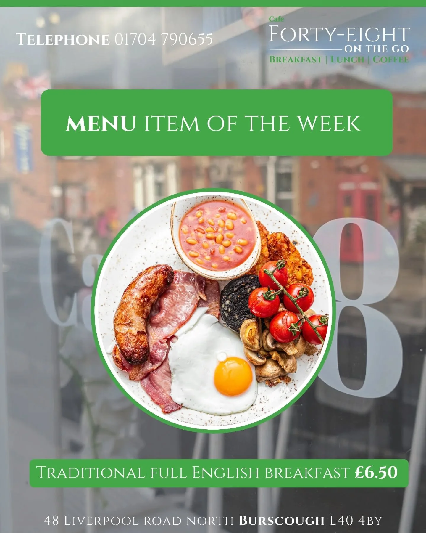 Nothing beats a proper Full English Breakfast 🍳

Choose your size: Small &pound;6.50 or Large &pound;8.50 - cooked fresh here in Burscough.

#Cafe48 #Burscough #BurscoughVillage #WestLancs #LancashireEats #FullEnglish #BreakfastTime #BrunchInLancash