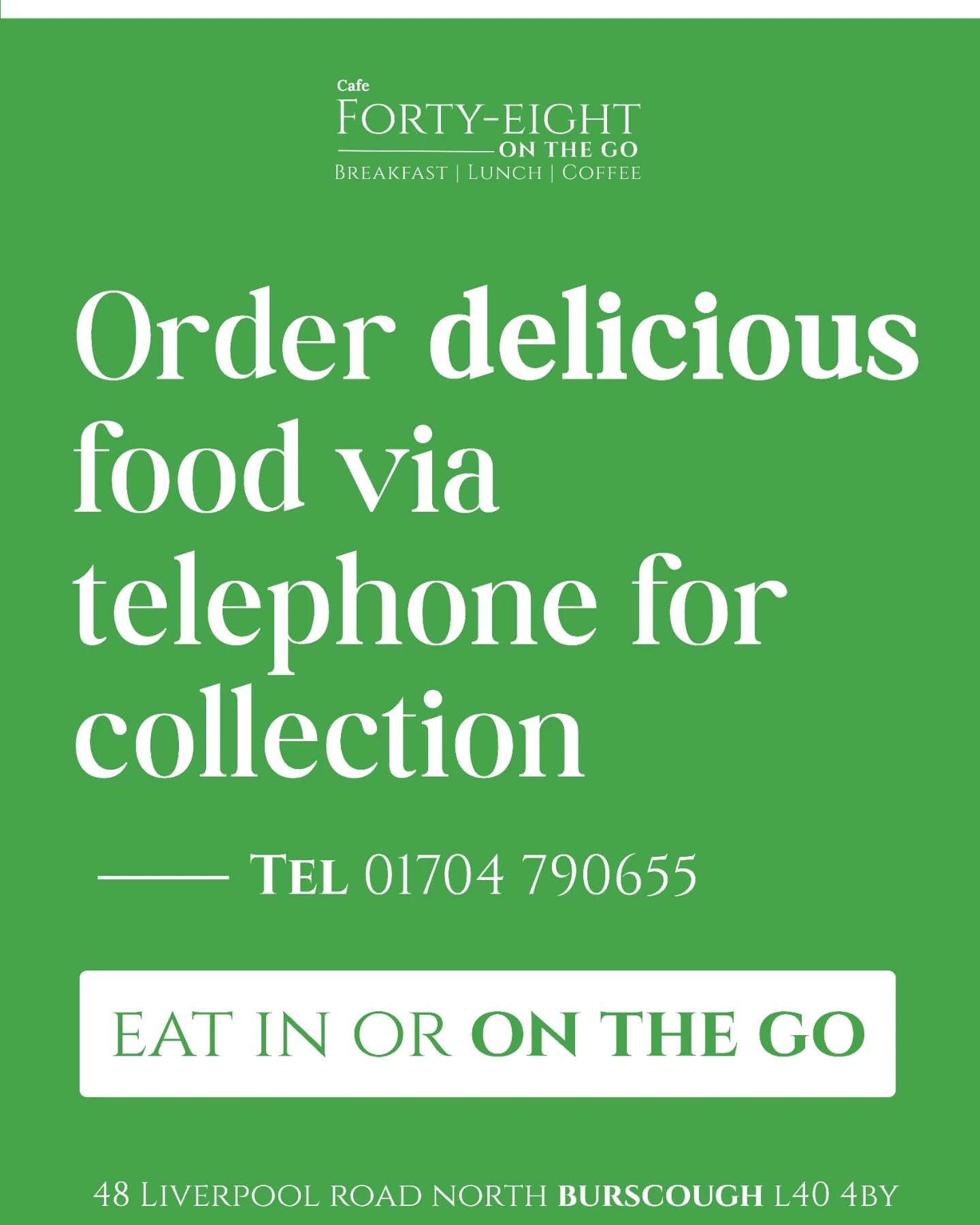 Your favourites, made fresh to order.

Just give us a call and pick up on the go.

📞 01704 790655

#Cafe48 #Burscough #FreshFoodDaily #BreakfastAndLunch #CoffeeStop #MadeToOrder #LocalCafe #LancashireFood #EatLocal
