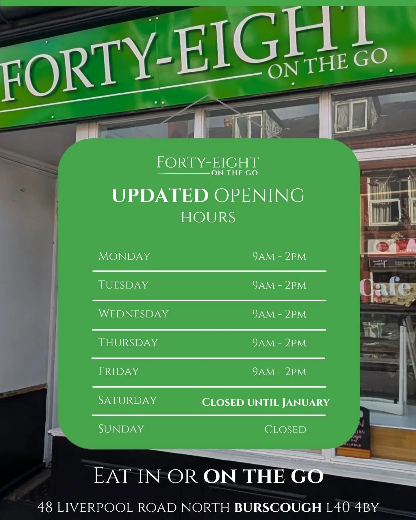 🚨 Customer update! Cafe Deli 48 will be closed on Saturdays ONLY from now until January 2026.

More details on exact re-opening dates will be posted nearer the time.

You can still enjoy delicious hot food and proper coffee - 5 days per week from 9a