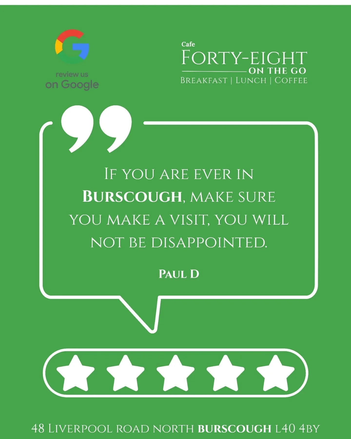 Happy customers ⭐⭐⭐⭐⭐

If you enjoyed your visit to 48 and have 2 minutes
spare? Please leave us a Google review to help others decide where to visit next!

Monday - Friday 9am - 2pm

Telephone orders 01704 790655

#Burscough #BurscoughVillage #Cafe4