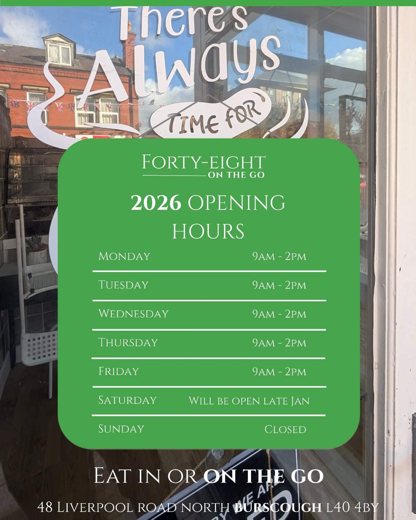 Happy New Year from all of us at Caf&eacute; 48 🎉

As we head into 2026, we&rsquo;d like to say a huge thank you to everyone who continues to support us.

Our updated opening hours:

Monday to Friday: 9am&ndash;2pm

Saturday: Closed until late Jan

