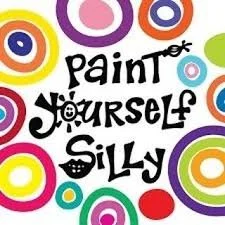Colorful circles surrounding playful text that says 'Paint Yourself Silly' with a smiling face on the letter 'o'