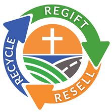 A circular diagram with the words 'Recycling,' 'Regift,' and 'Resell' around it, with arrows connecting each phrase, symbolizing sustainability and reuse.