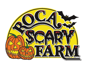 Logo for Roca Scary Farm featuring yellow background, black bats, and carved pumpkins.