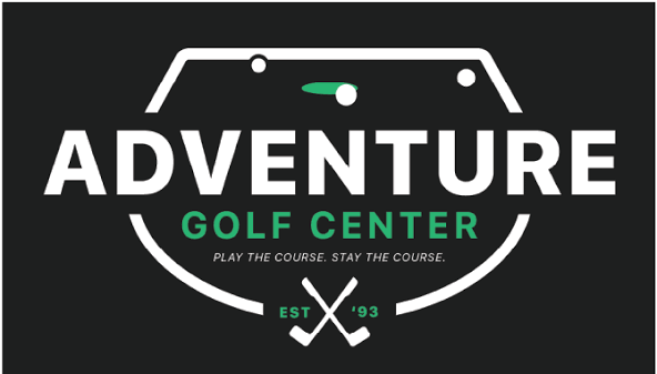 Logo for Adventure Golf Center featuring a golf ball and club, with text 'Play the course. Stay the course.' and established year 1993.