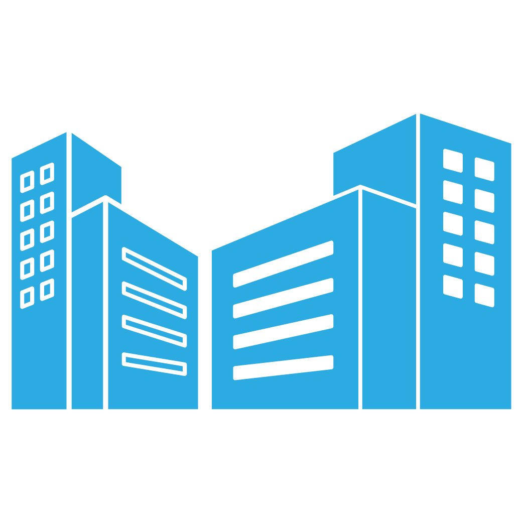 A stylized illustration of a city skyline with tall blue buildings and black outlines on a black background.