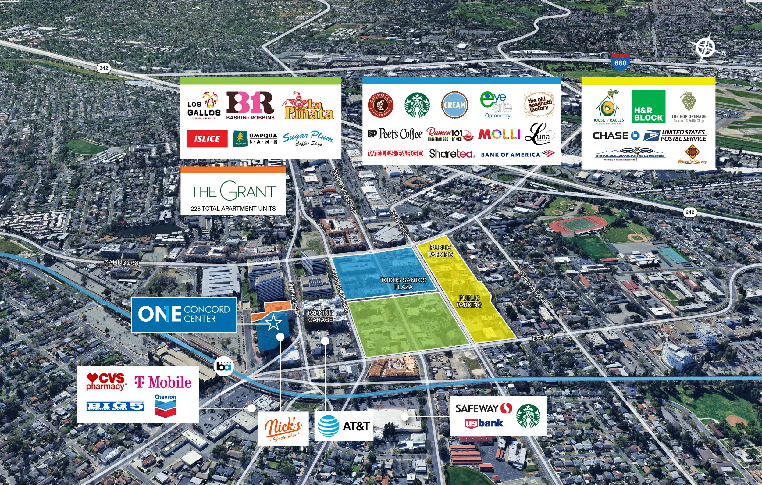 Aerial map of a city showing various landmarks, parking areas, and commercial establishments. Key locations include THE GRANT apartment complex, ONÉ CENTER, Todos Santos Plaza, and multiple retail and dining businesses. Streets and highways are also visible, with labels indicating specific roads and parking zones.